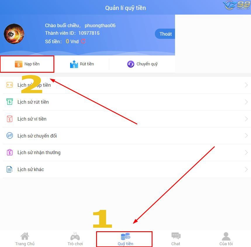 Nạp tiền nhanh chóng và chính xác nhất tại nhà cái VZ99